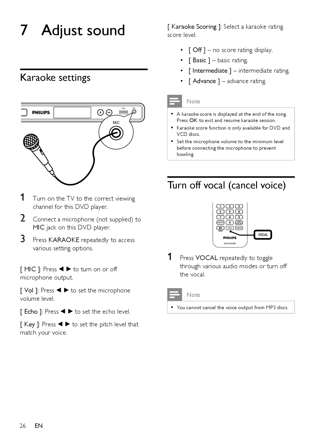 Philips DVP3350K/55, HTP3350KM/55 user manual Adjust sound, Karaoke settings, Turn off vocal cancel voice 