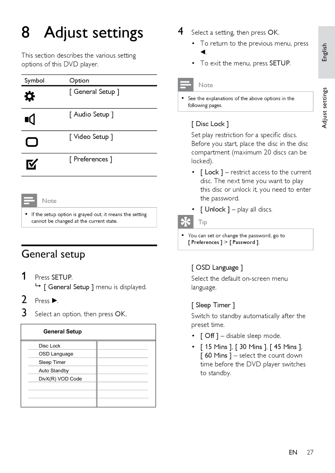 Philips DVP3350K/55, HTP3350KM/55 Adjust settings, General setup, General Setup Audio Setup Video Setup Preferences 