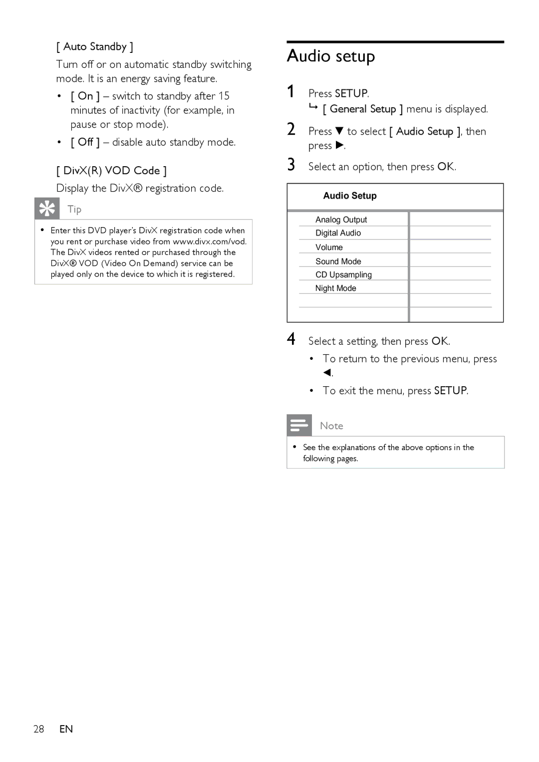 Philips HTP3350KM/55, DVP3350K/55 user manual Audio setup, Auto Standby 