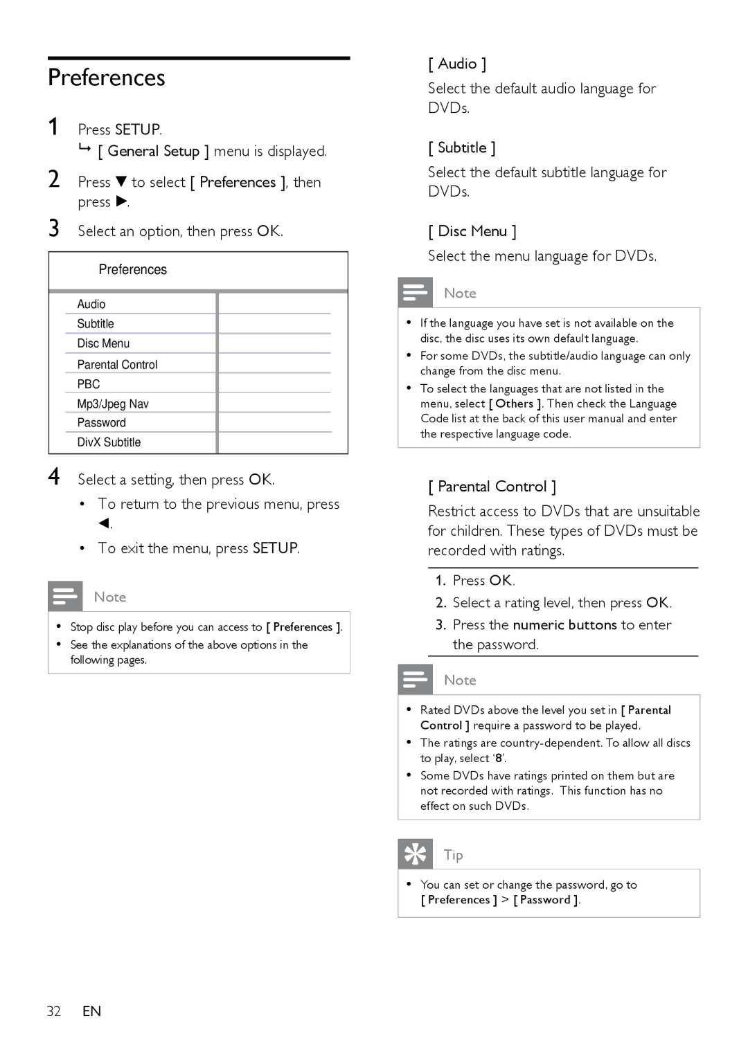 Philips DVP3350K/55, HTP3350KM/55 user manual Preferences, Parental Control 