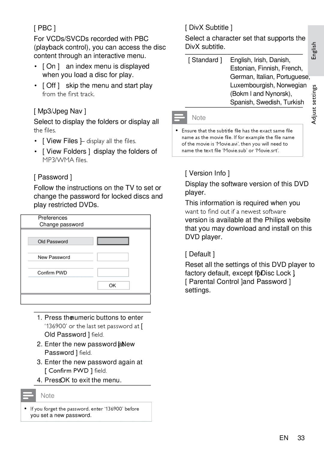 Philips DVP3350K/55, HTP3350KM/55 user manual Pbc, DivX Subtitle Select a character set that supports 