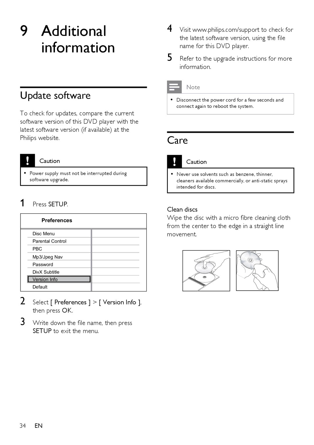 Philips HTP3350KM/55, DVP3350K/55 user manual Update software, Care 