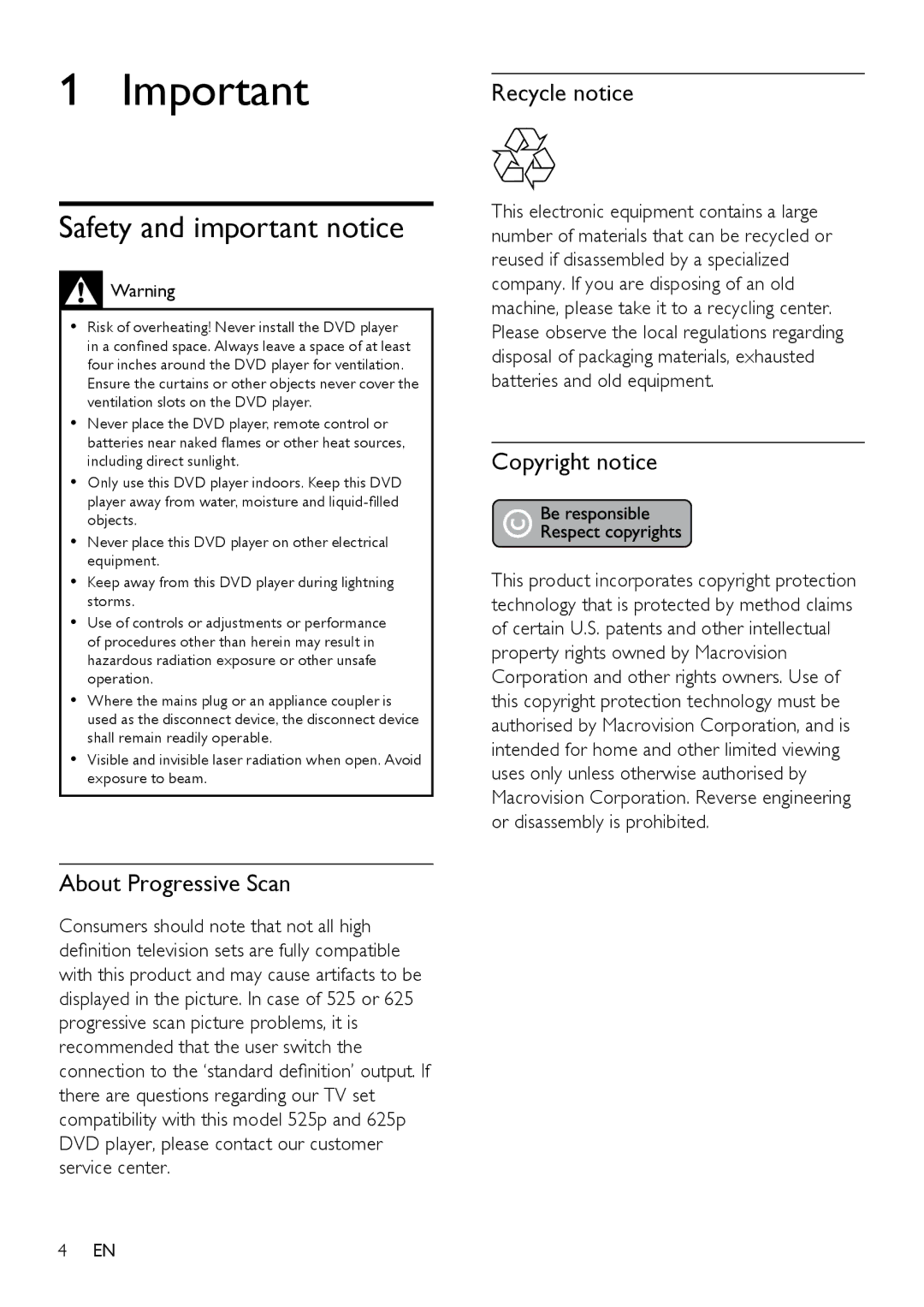 Philips HTP3350KM/55, DVP3350K/55 Safety and important notice, About Progressive Scan, Recycle notice, Copyright notice 