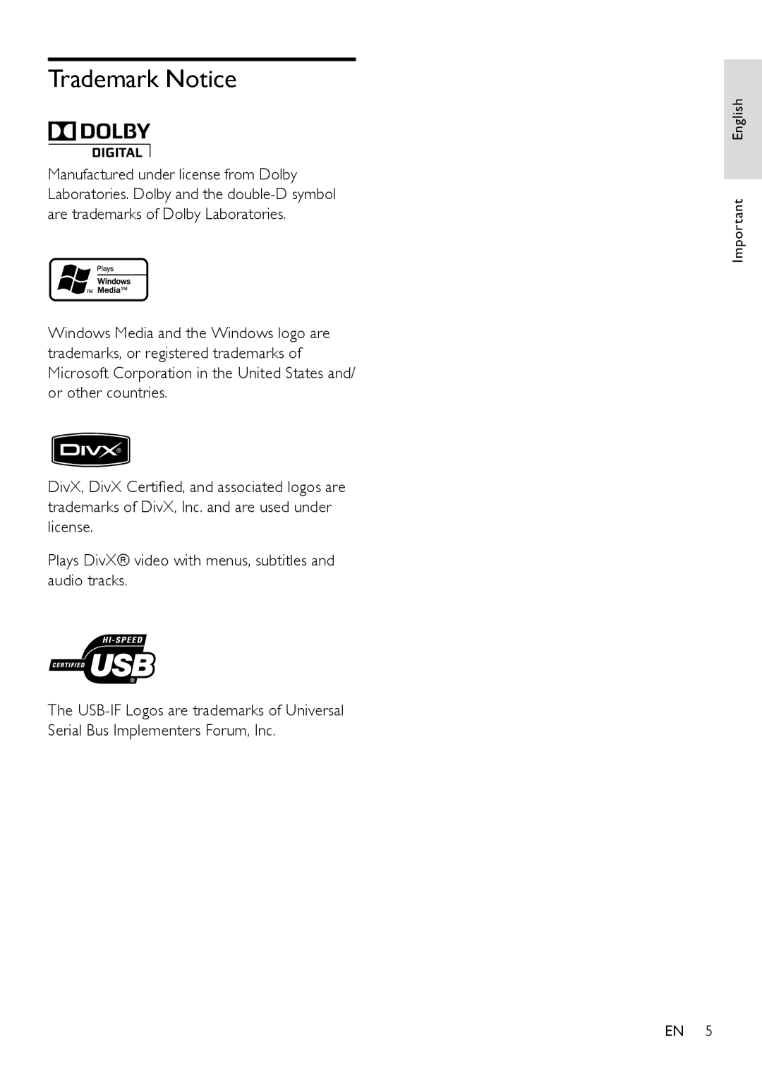 Philips DVP3350K/55, HTP3350KM/55 user manual Trademark Notice 