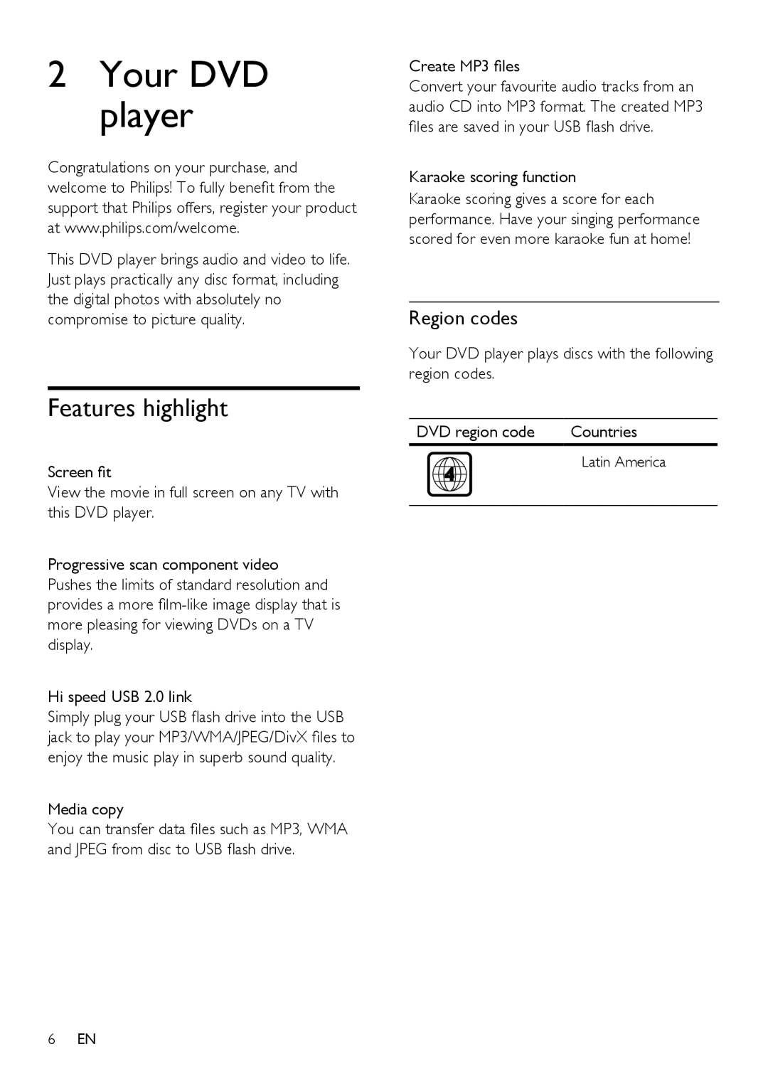 Philips DVP3350K/55, HTP3350KM/55 Your DVD player, Features highlight, Region codes, Media copy, Karaoke scoring function 
