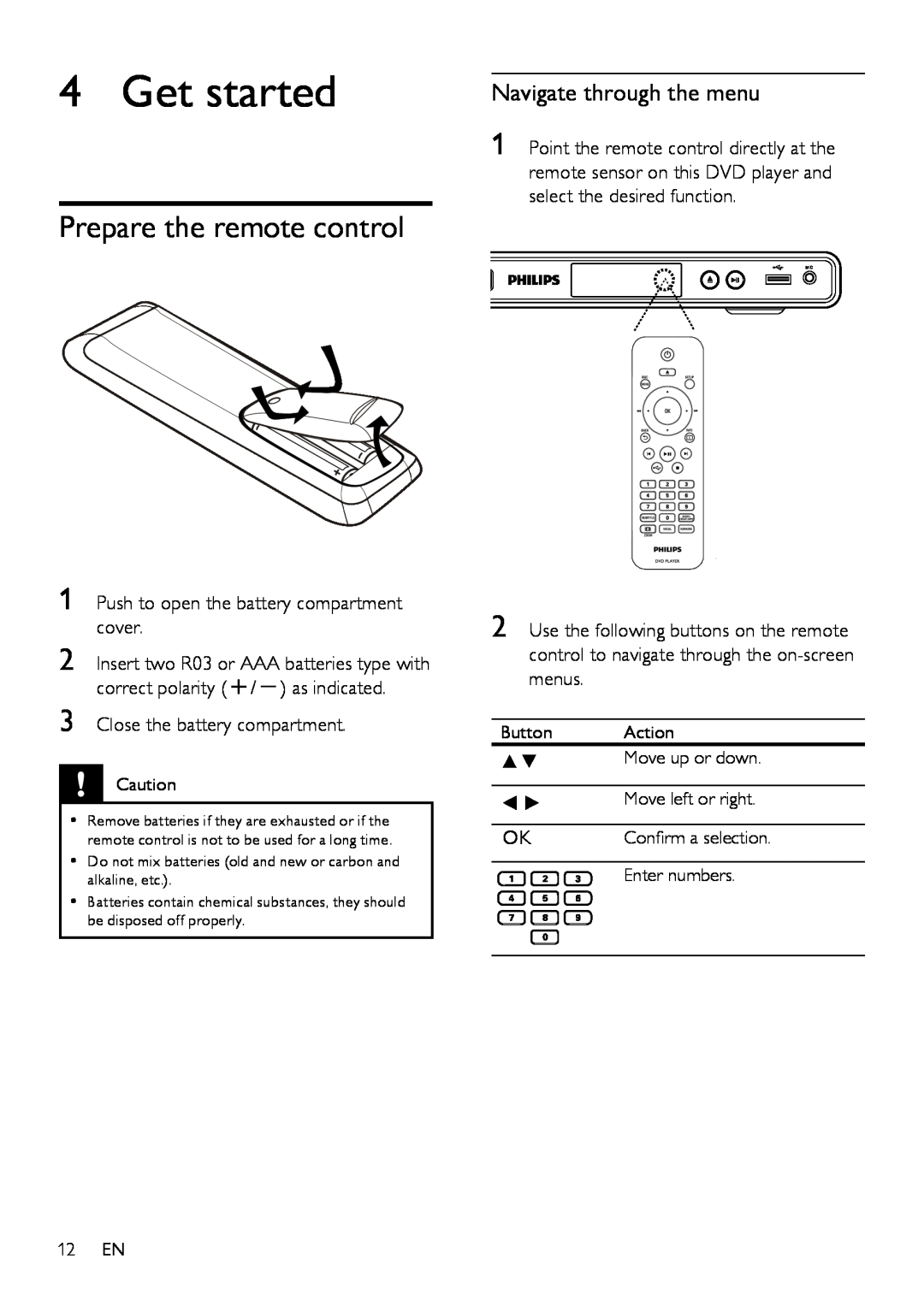Philips DVP3350K/55, HTP3350KM/55 user manual Get started, Prepare the remote control, Navigate through the menu 