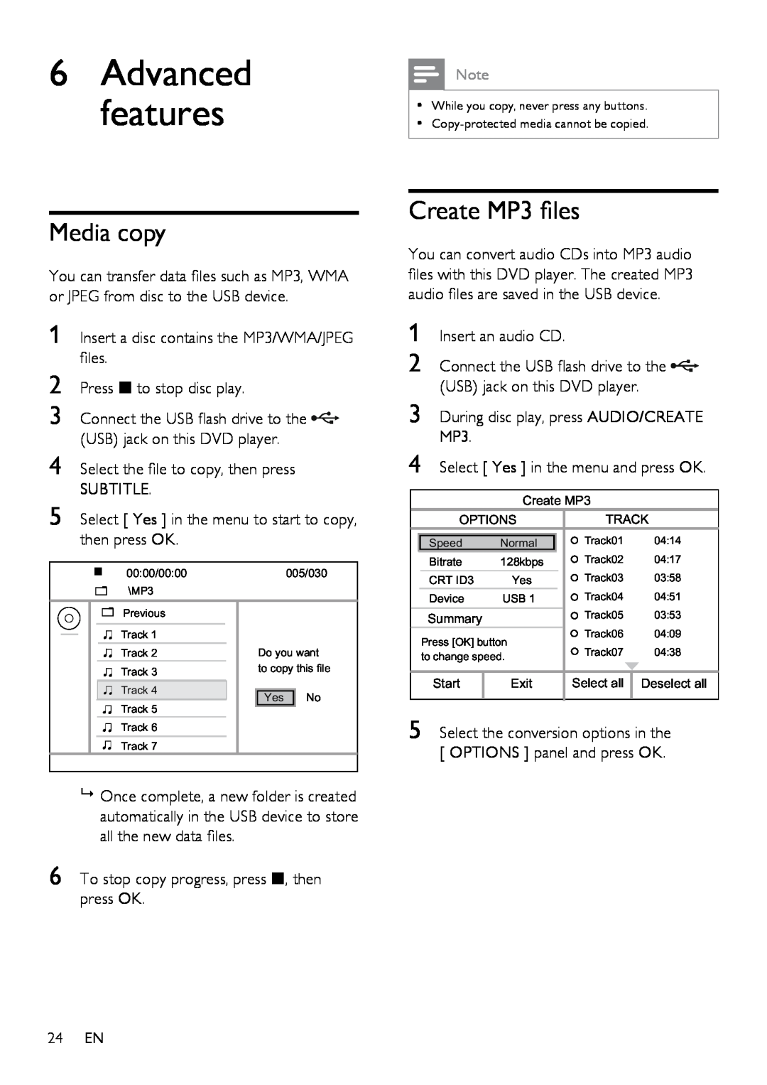 Philips DVP3350K/55, HTP3350KM/55 user manual Media copy, Create MP3 files, Advanced features 