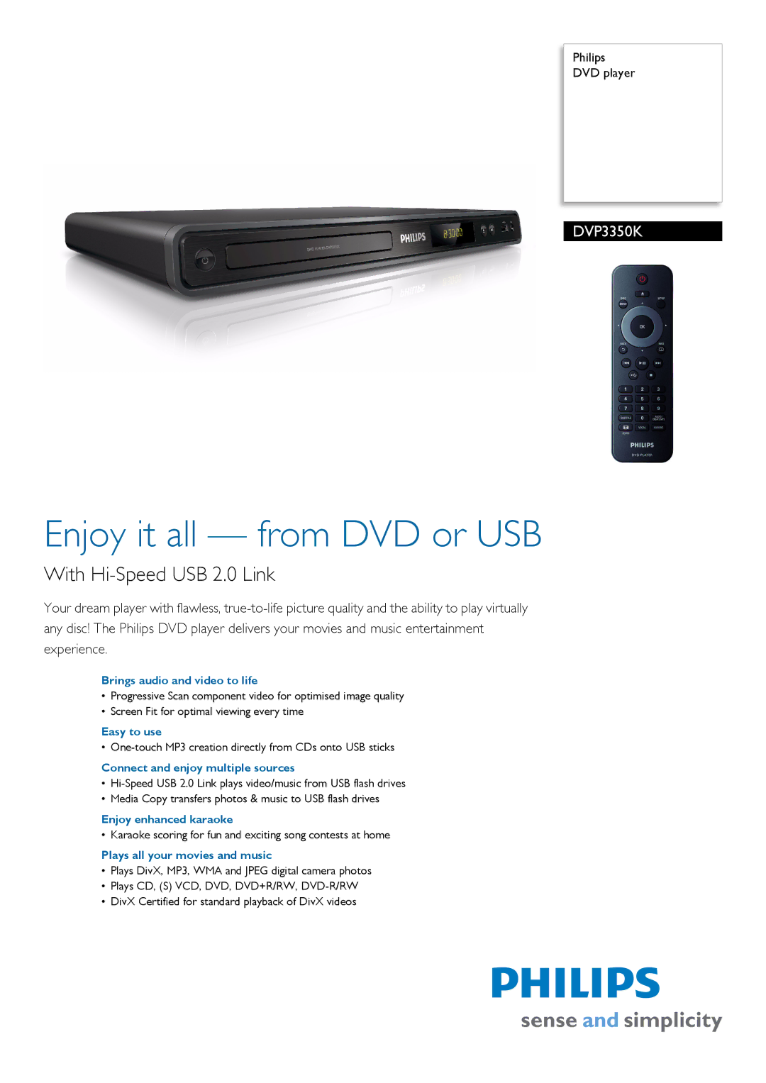 Philips DVP3350K/98 manual Brings audio and video to life, Easy to use, Connect and enjoy multiple sources 