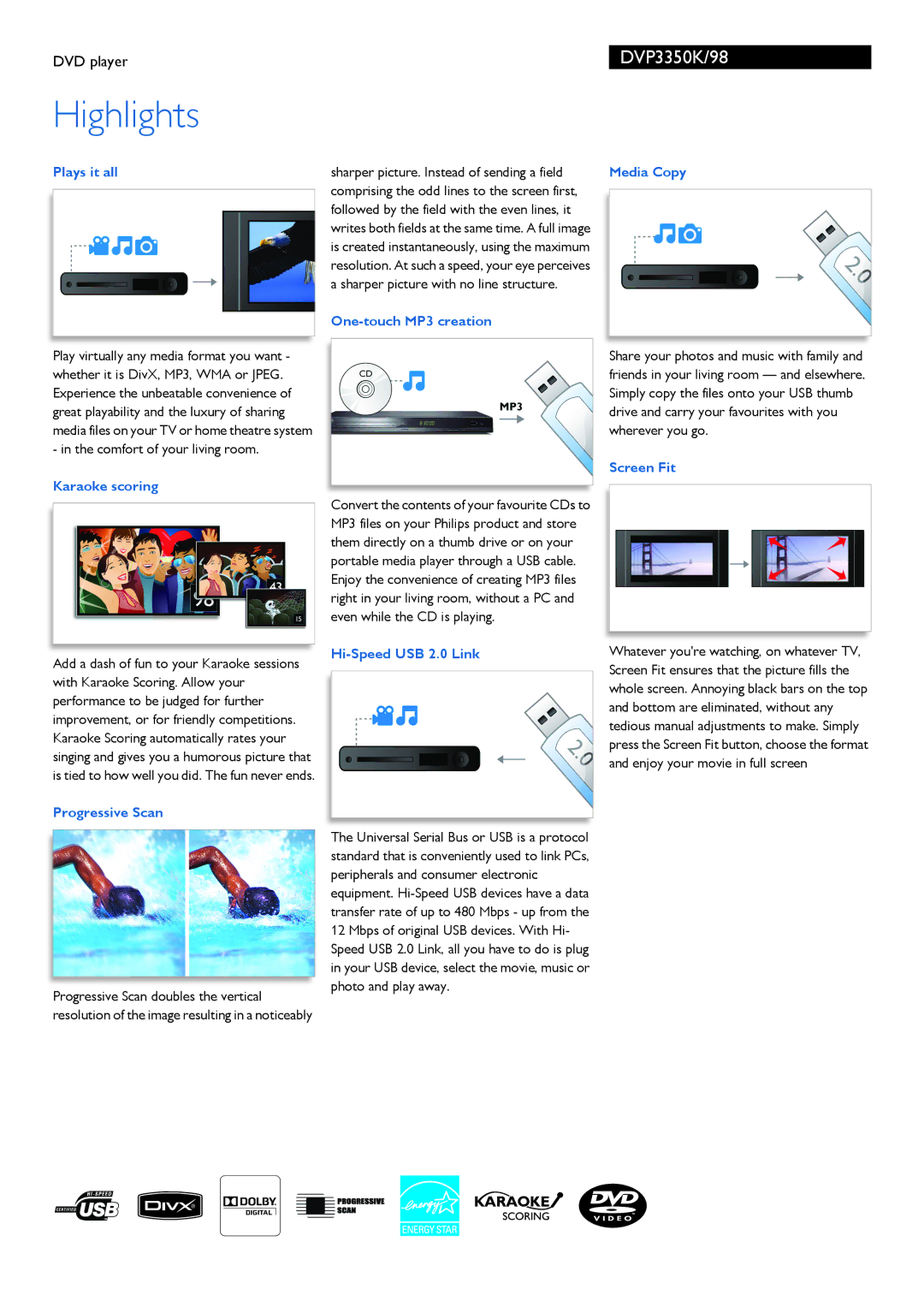 Philips DVP3350K/98 manual Plays it all, Karaoke scoring, One-touch MP3 creation, Media Copy, Screen Fit, Progressive Scan 