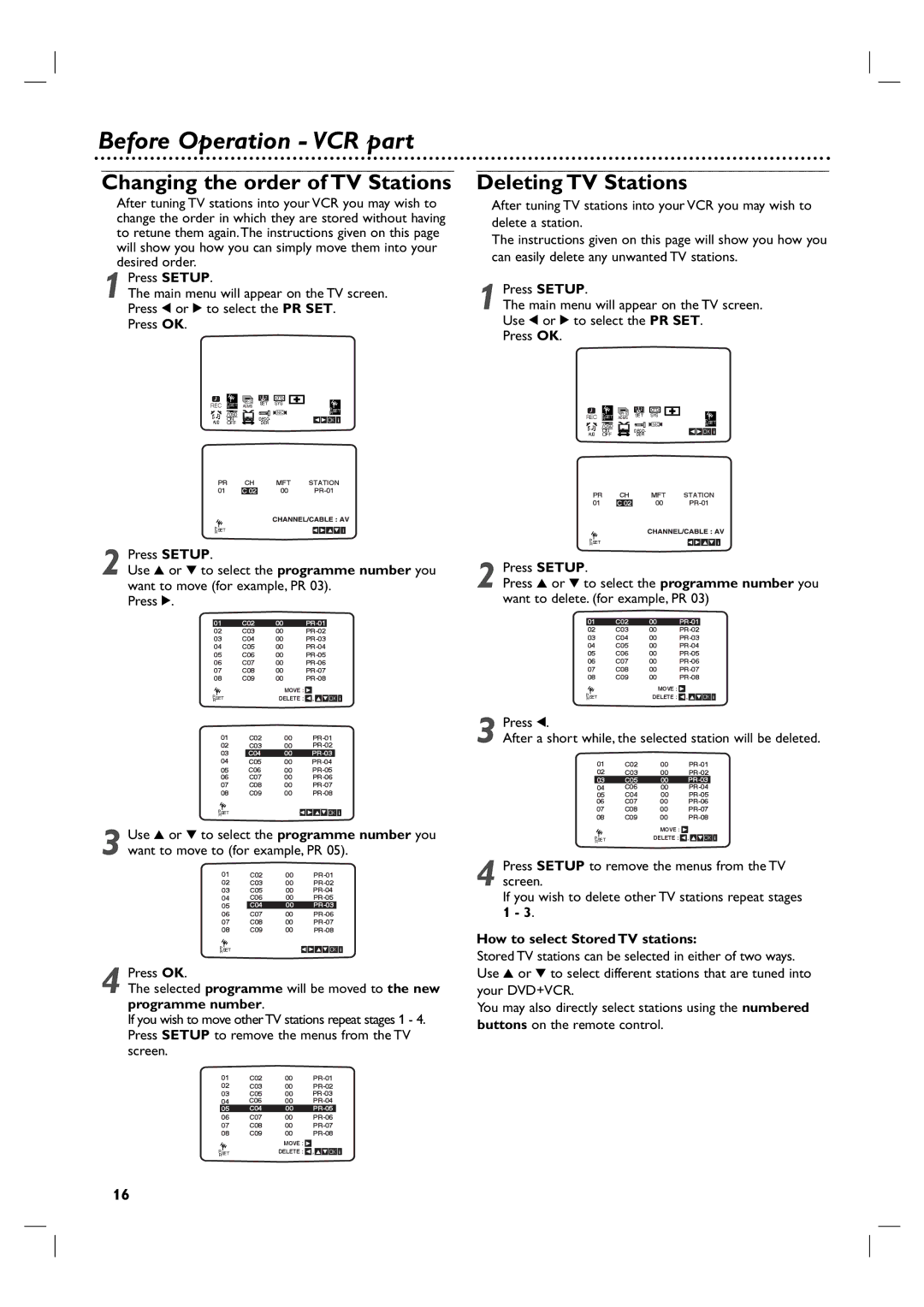 Philips DVP3350V/05 user manual Changing the order of TV Stations, Deleting TV Stations 