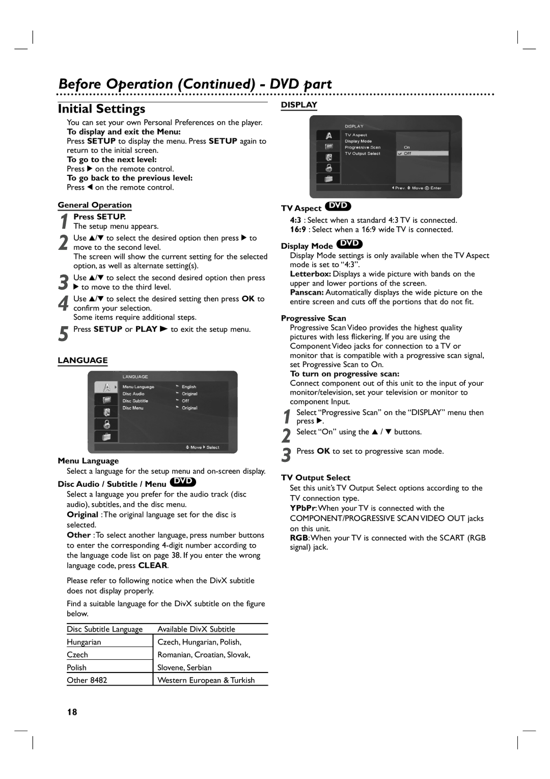 Philips DVP3350V/05 user manual Initial Settings, Display, Language 