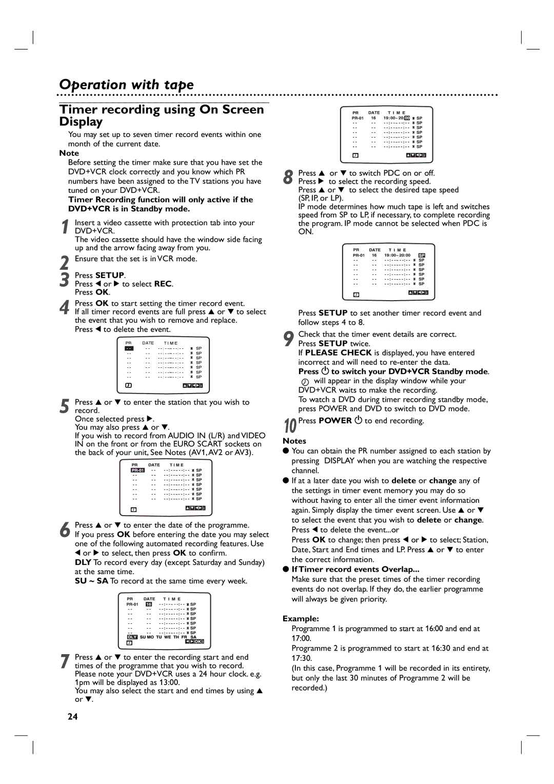 Philips DVP3350V/05 user manual Timer recording using On Screen Display 