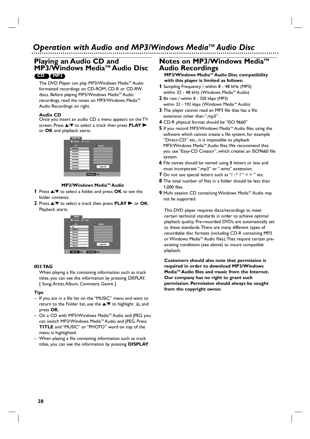 Philips DVP3350V/05 user manual Operation with Audio and MP3/Windows MediaTM Audio Disc, Audio CD, ID3 TAG 