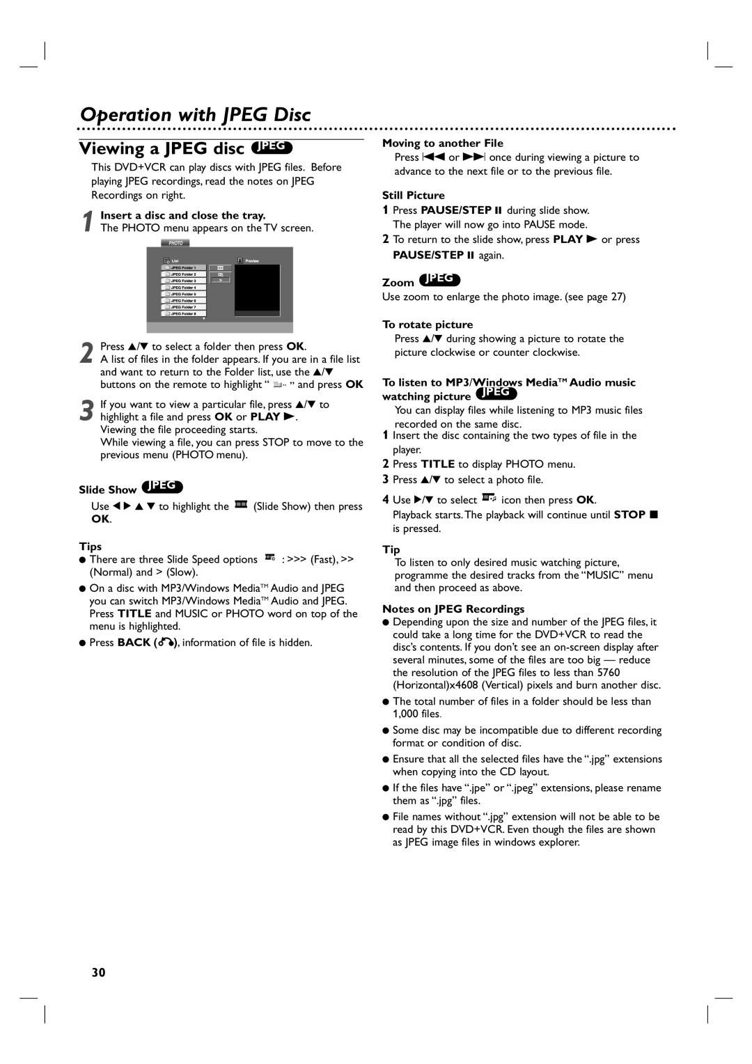 Philips DVP3350V/05 user manual Operation with Jpeg Disc, Viewing a Jpeg disc Jpeg 