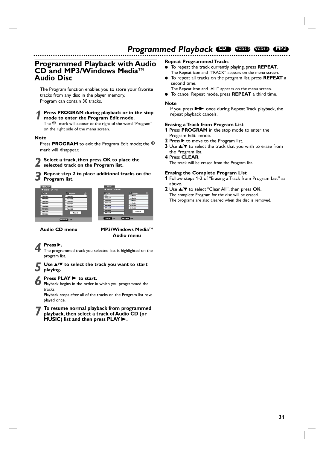 Philips DVP3350V/05 user manual Programmed Playback CD VCD2.0 VCD1.1 MP3, Erasing a Track from Program List 