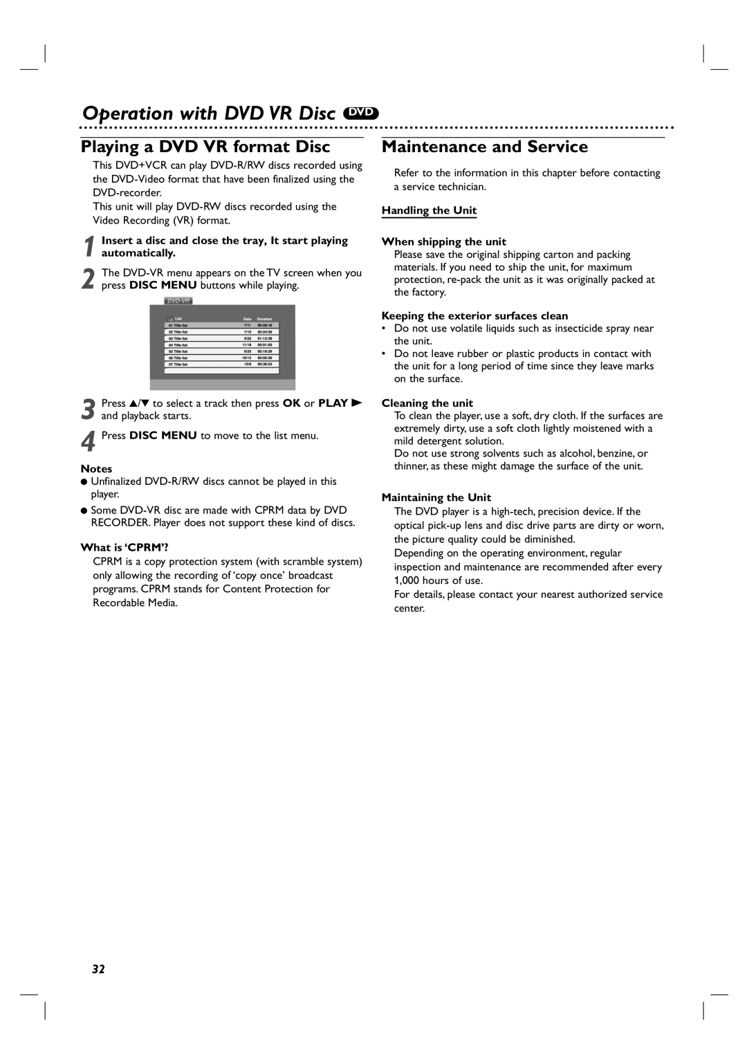 Philips DVP3350V/05 user manual Operation with DVD VR Disc DVD, Playing a DVD VR format Disc, Maintenance and Service 