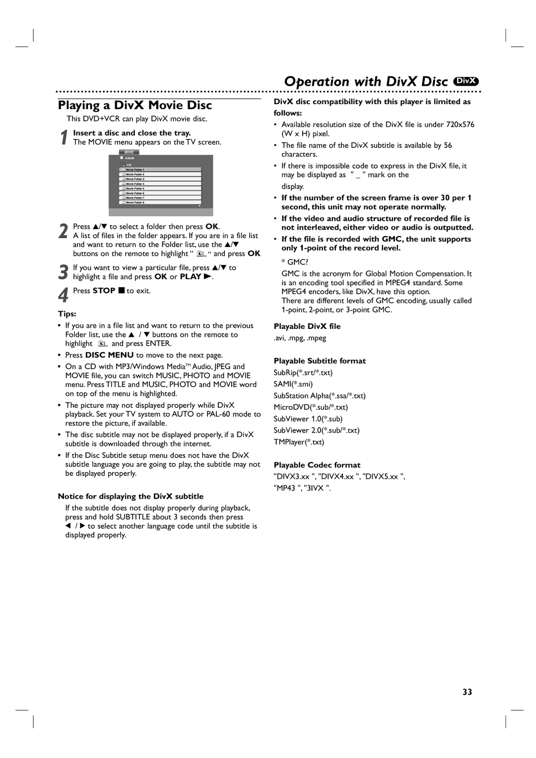 Philips DVP3350V/05 Operation with DivX Disc DivX, Playing a DivX Movie Disc, Playable DivX file, Playable Subtitle format 