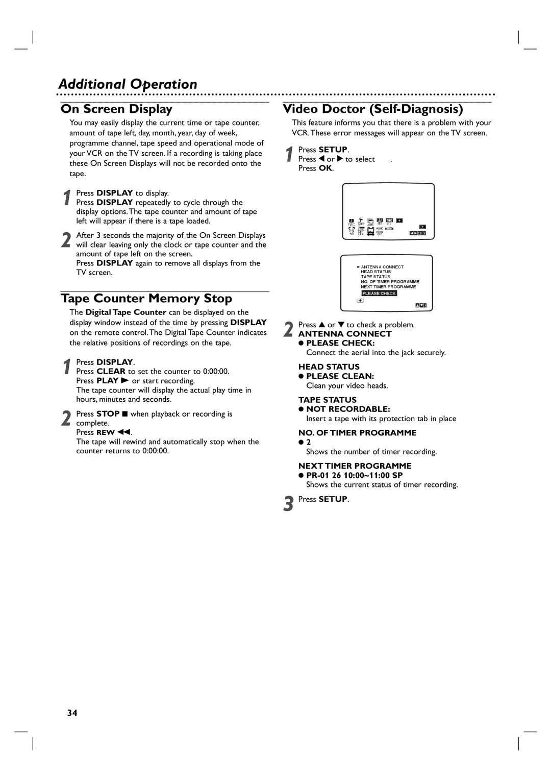 Philips DVP3350V/05 Additional Operation, On Screen Display, Tape Counter Memory Stop, Video Doctor Self-Diagnosis 