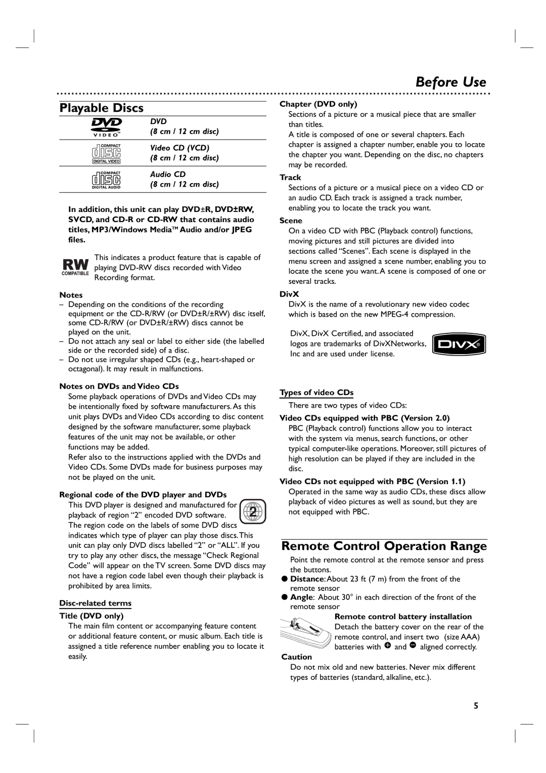 Philips DVP3350V/05 user manual Before Use, Playable Discs, Remote Control Operation Range 