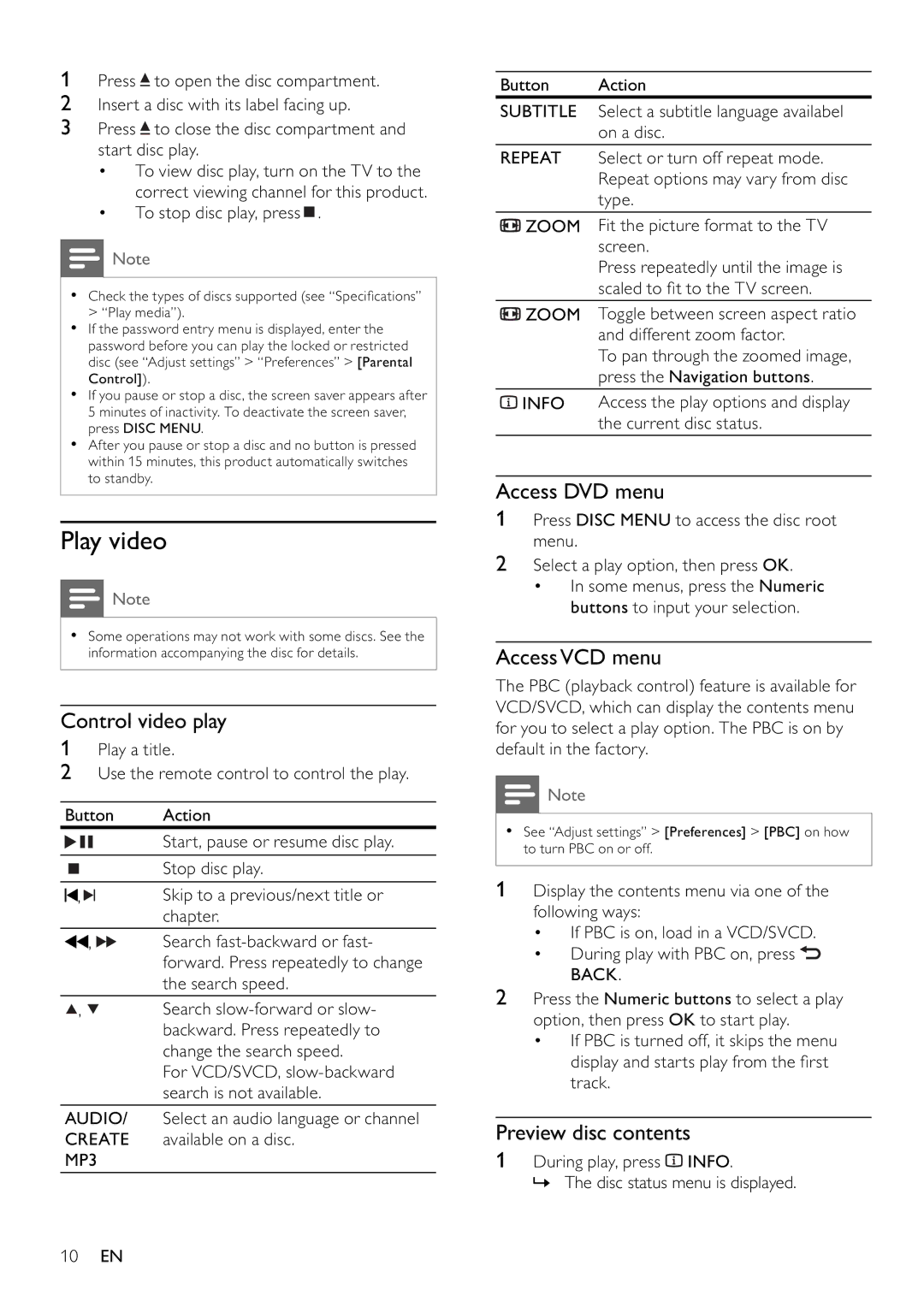 Philips DVP3354/12 user manual Play video, Control video play, Access DVD menu, AccessVCD menu, Preview disc contents 