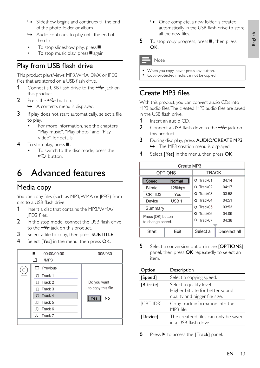 Philips DVP3354/12 user manual Advanced features, Play from USB ﬂ ash drive, Media copy, Create MP3 ﬁ les, CRT ID3 