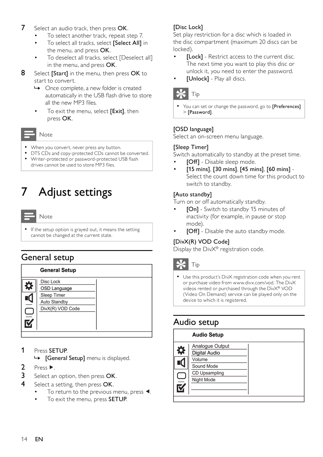 Philips DVP3354/12 user manual Adjust settings, General setup, Audio setup, Unlock Play all discs, 14 EN 