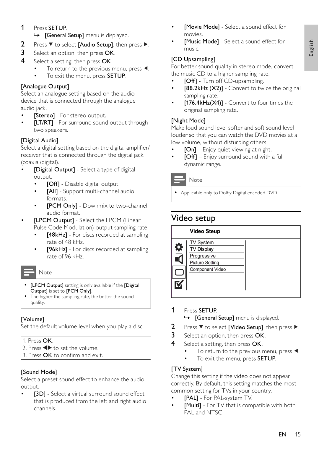 Philips DVP3354/12 user manual Video setup, Music, CD Upsampling 