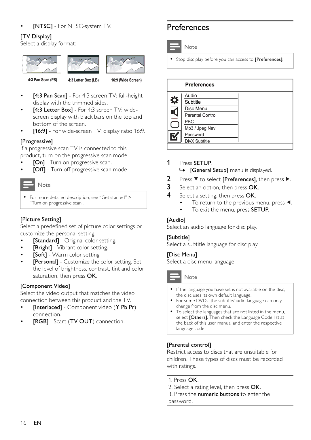 Philips DVP3354/12 user manual Preferences 