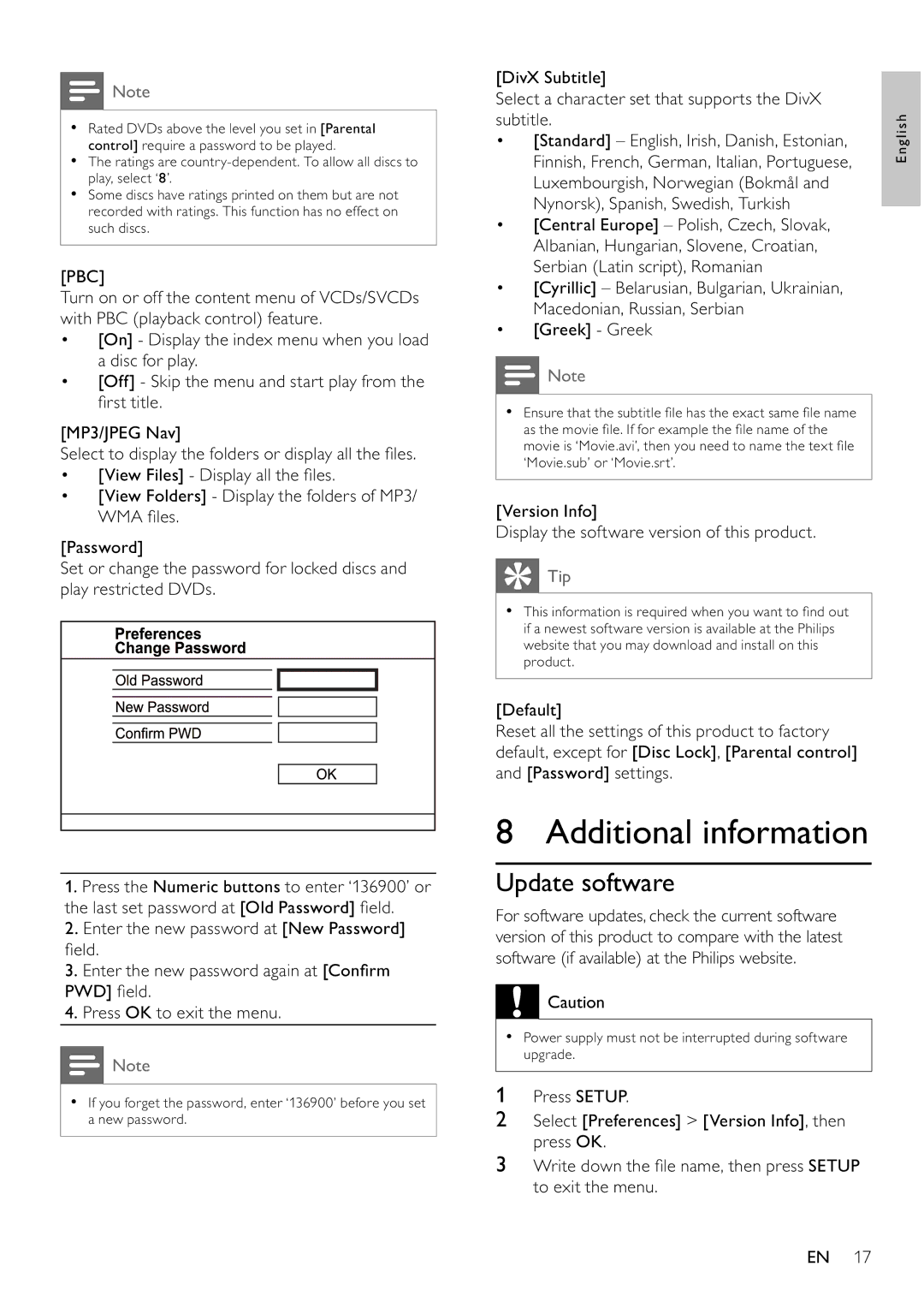 Philips DVP3354 Additional information, Update software, Pbc, Version Info Display the software version of this product 