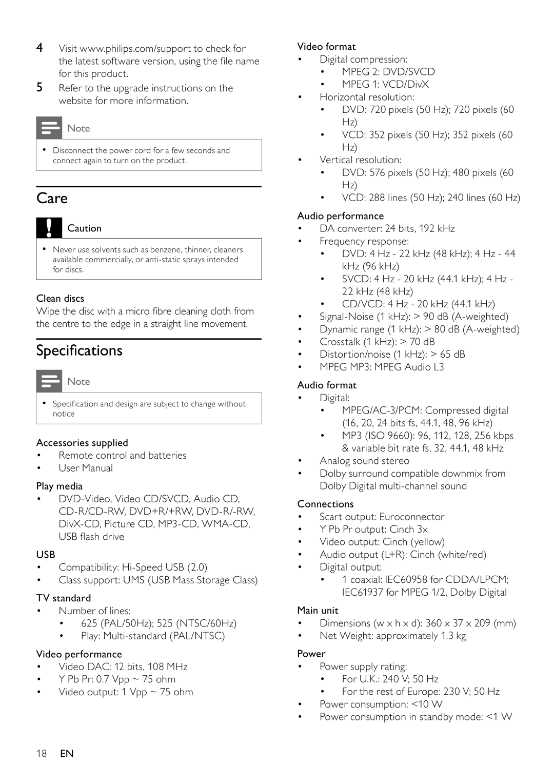 Philips DVP3354/12 user manual Care, Speciﬁ cations, Clean discs, Usb, Mpeg 2 DVD/SVCD 