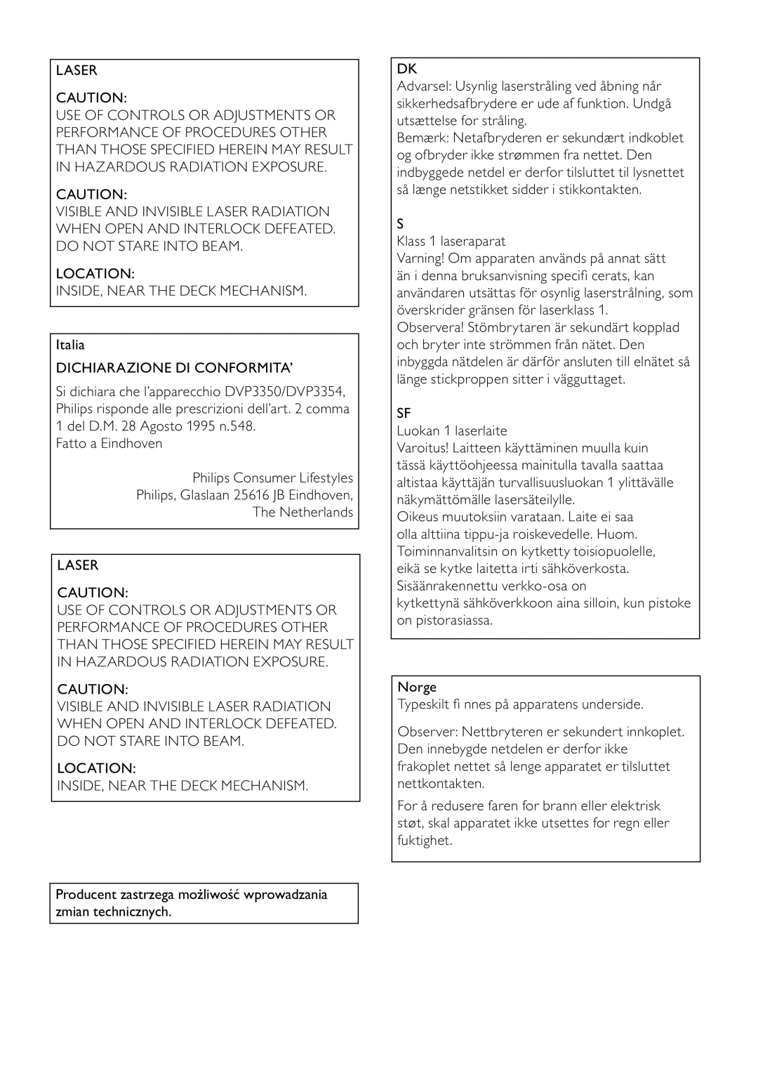 Philips DVP3354/12 user manual Laser, Italia, Dichiarazione DI CONFORMITA’ 