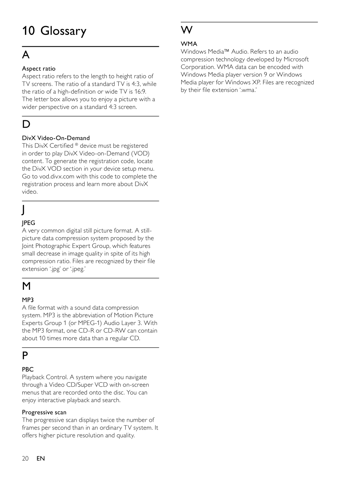 Philips DVP3354/12 user manual Glossary, Aspect ratio, Jpeg, Progressive scan, Wma 