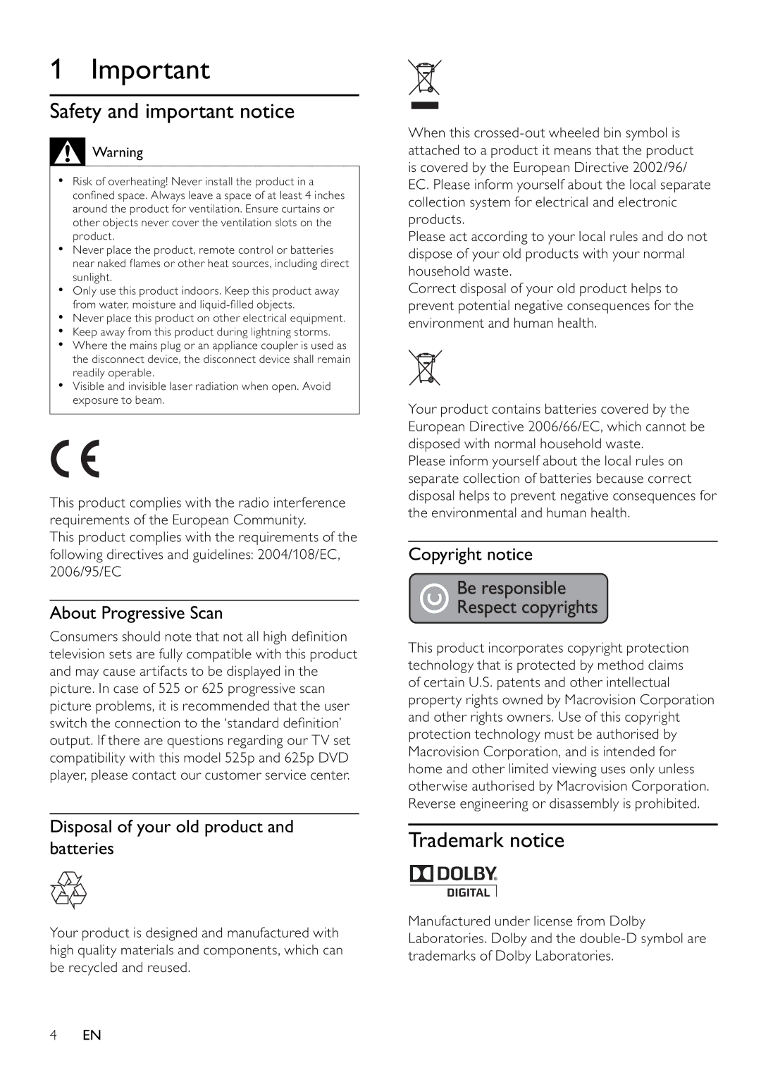 Philips DVP3354/12 user manual Safety and important notice, Trademark notice, About Progressive Scan, Copyright notice 