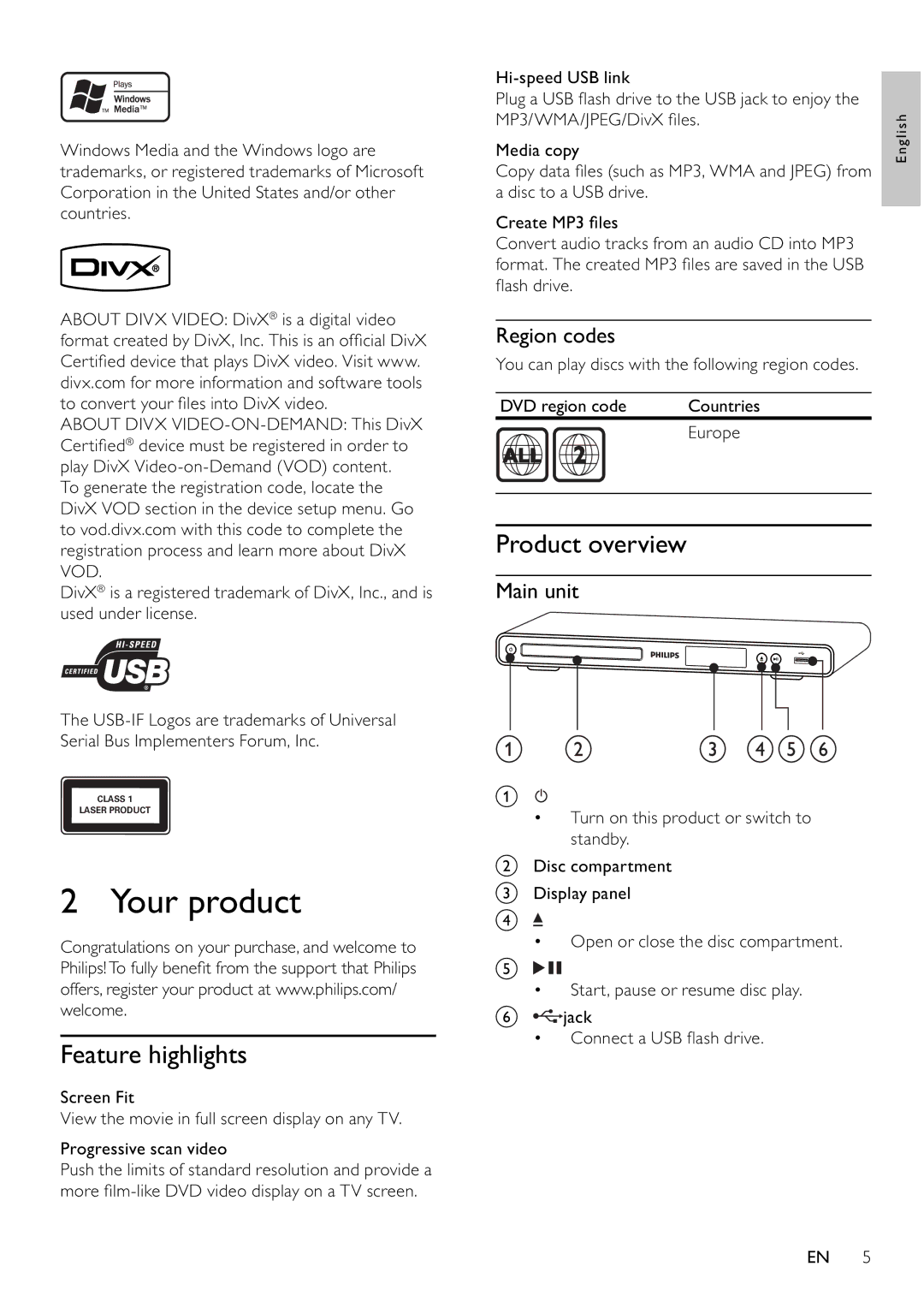 Philips DVP3354/12 user manual Your product, Feature highlights, Product overview, Region codes, Main unit 