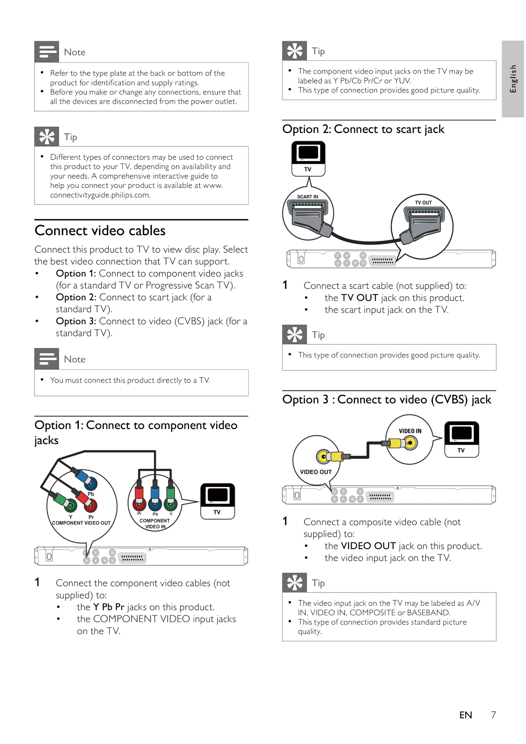 Philips DVP3354 user manual Connect video cables, Option 1 Connect to component video jacks, Option 2 Connect to scart jack 