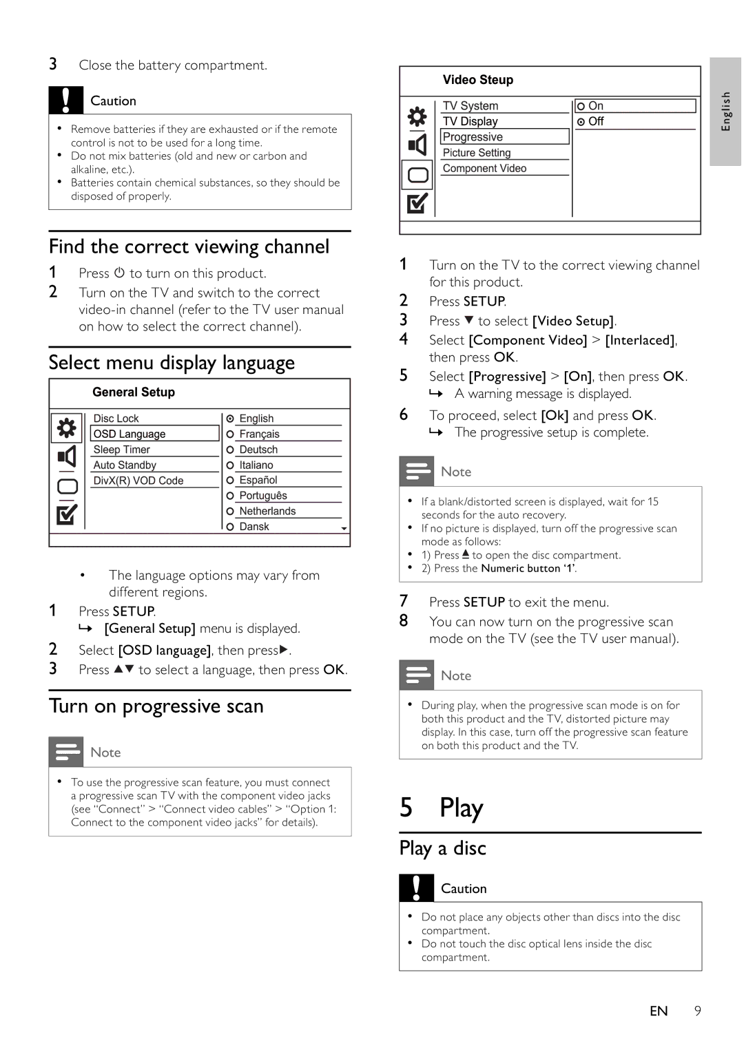 Philips DVP3354/12 Play, Find the correct viewing channel, Select menu display language, Turn on progressive scan 