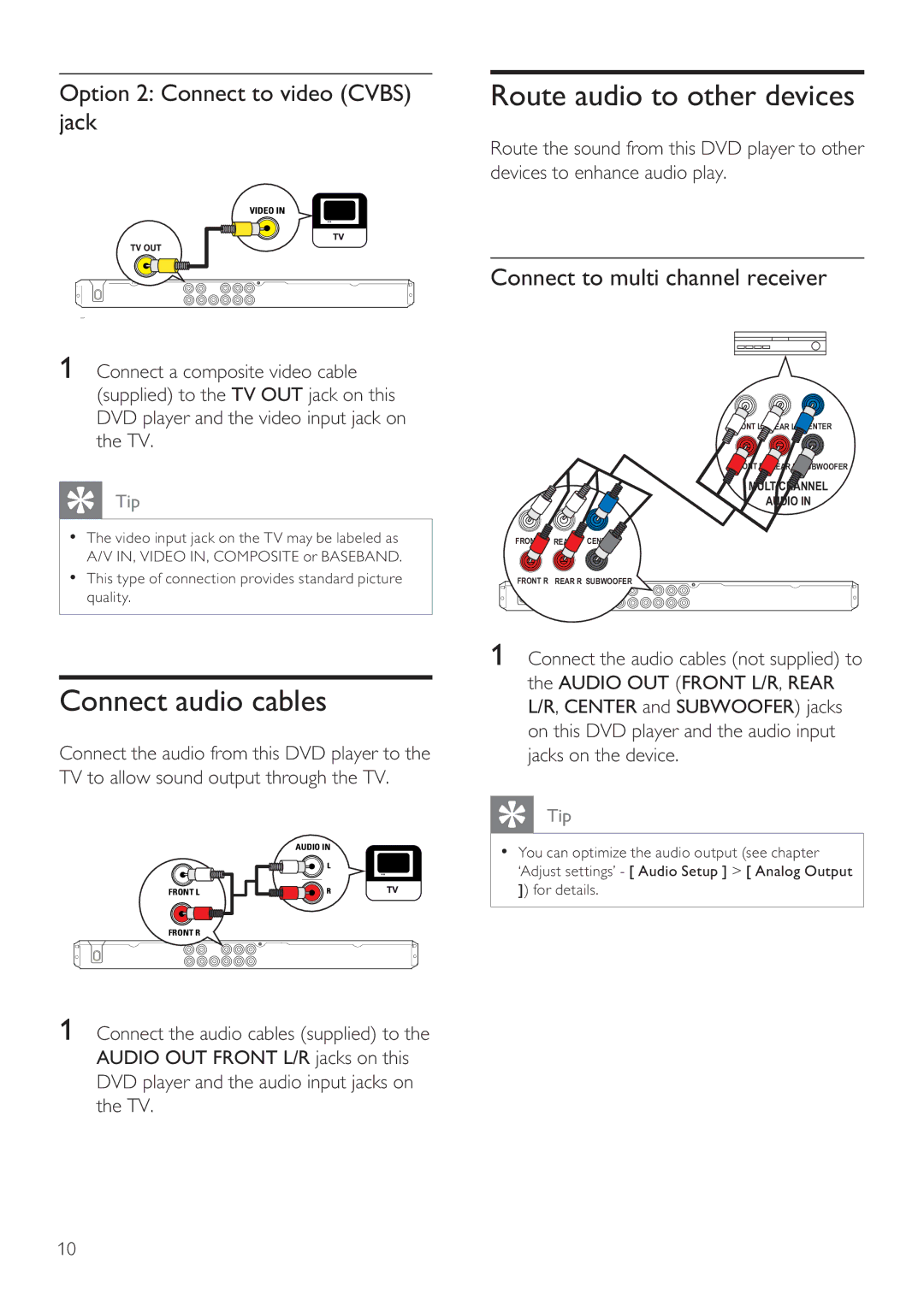 Philips DVP3356X/94 user manual Route audio to other devices, Connect audio cables, Option 2 Connect to video Cvbs jack 