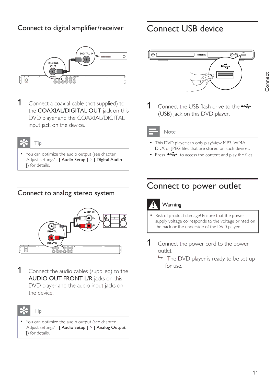 Philips DVP3356X user manual Connect to power outlet, Connect to digital ampli er/receiver, Connect to analog stereo system 