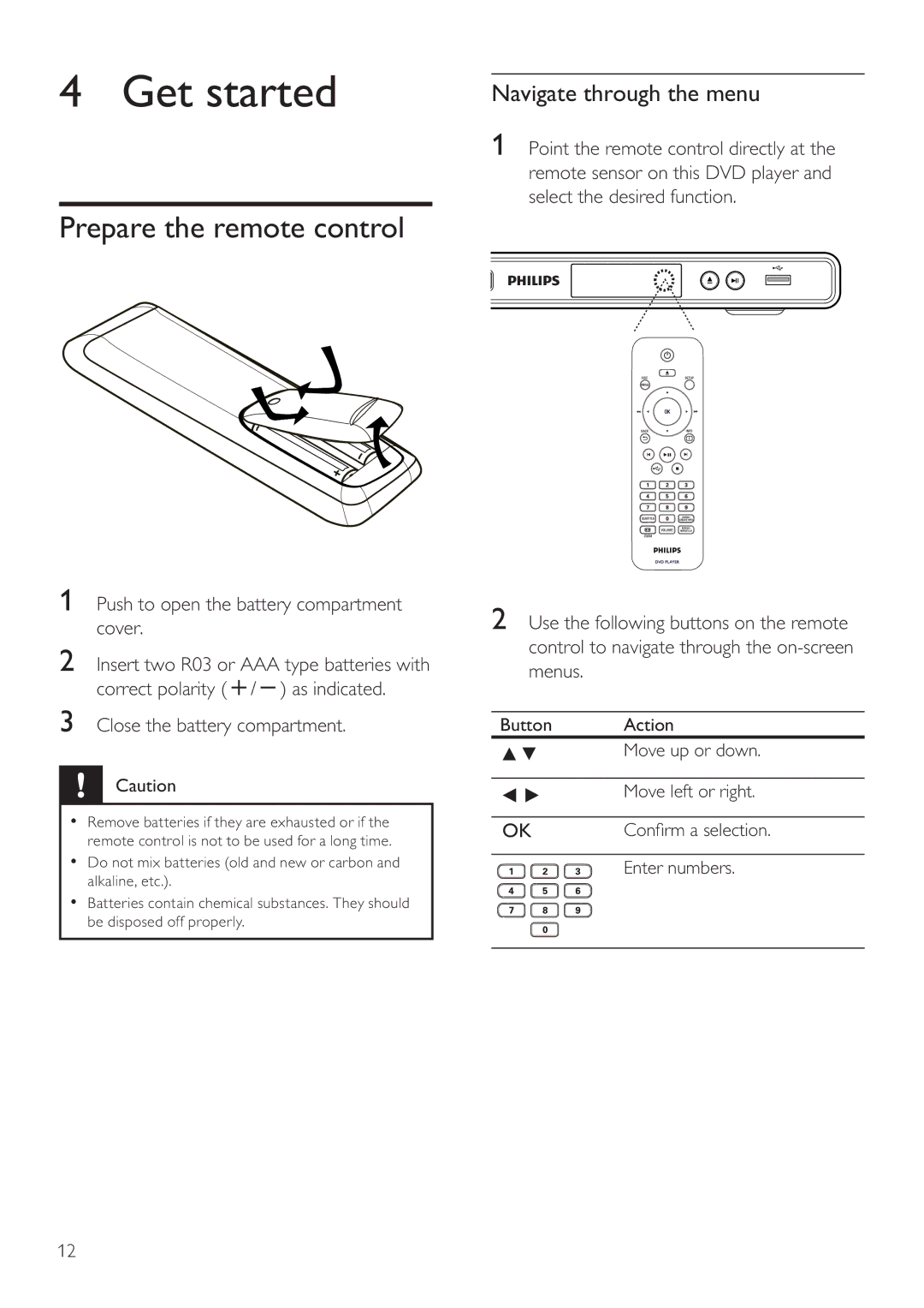 Philips DVP3356X/94 user manual Get started, Prepare the remote control, Navigate through the menu 