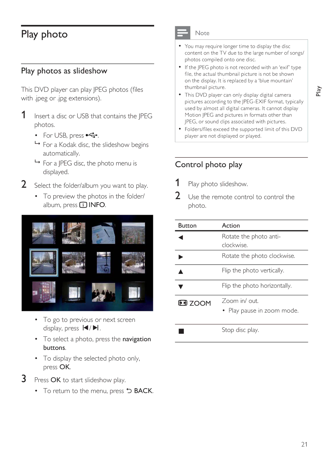 Philips DVP3356X/94 user manual Play photos as slideshow, Control photo play 