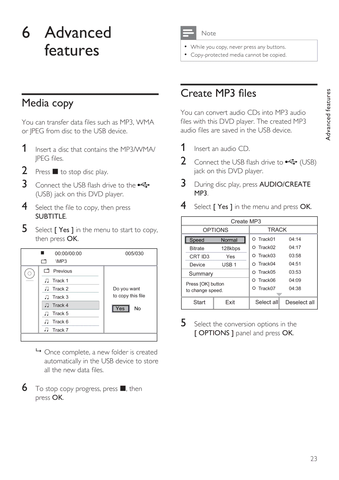 Philips DVP3356X/94 user manual Media copy, Create MP3 les, Select Yes in the menu to start to copy, then press OK 