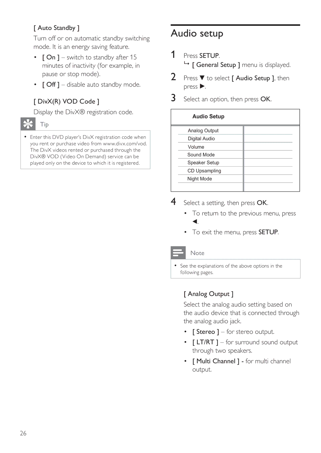 Philips DVP3356X/94 user manual Audio setup, Auto Standby 