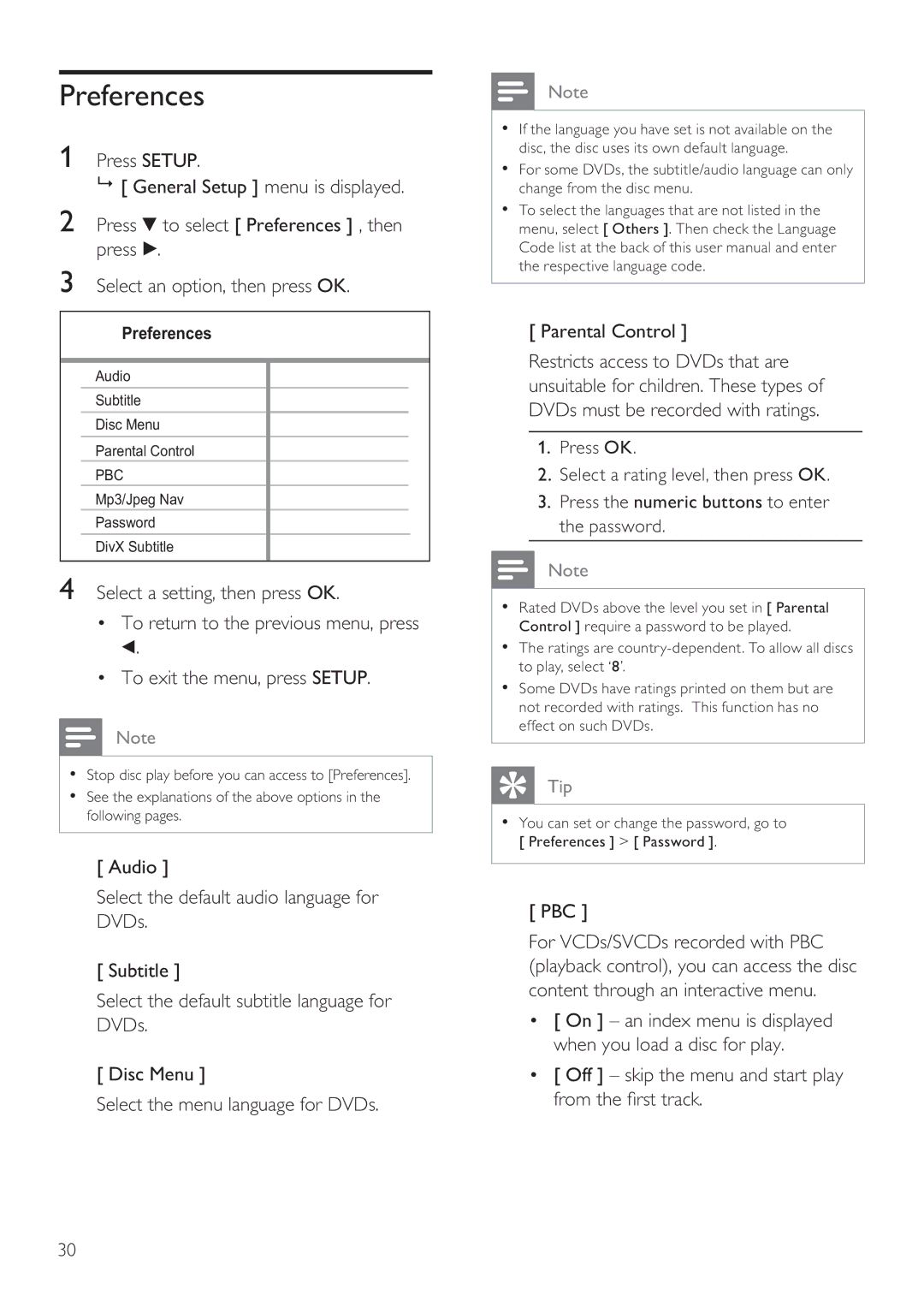 Philips DVP3356X/94 user manual Preferences, Parental Control, Pbc, Off skip the menu and start play from the rst track 