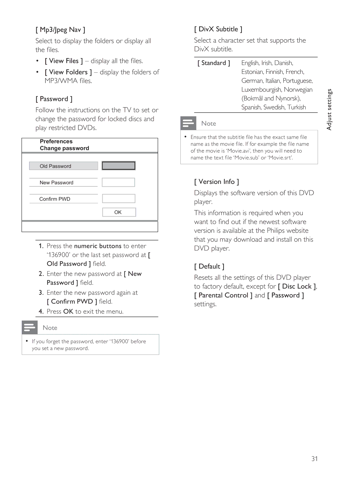 Philips DVP3356X/94 user manual Parental Control and Password settings, Standard English, Irish, Danish 