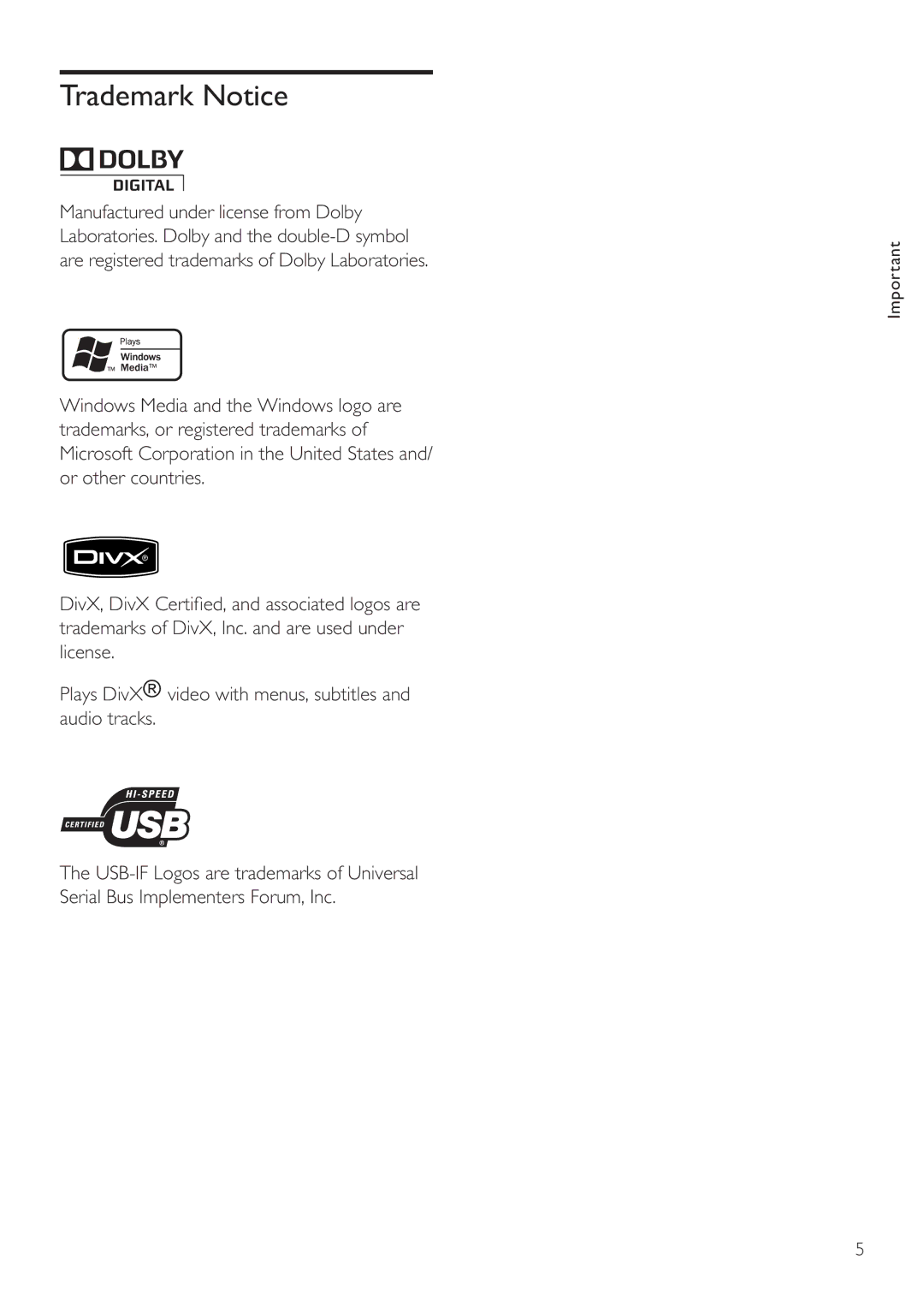 Philips DVP3356X/94 user manual Trademark Notice 