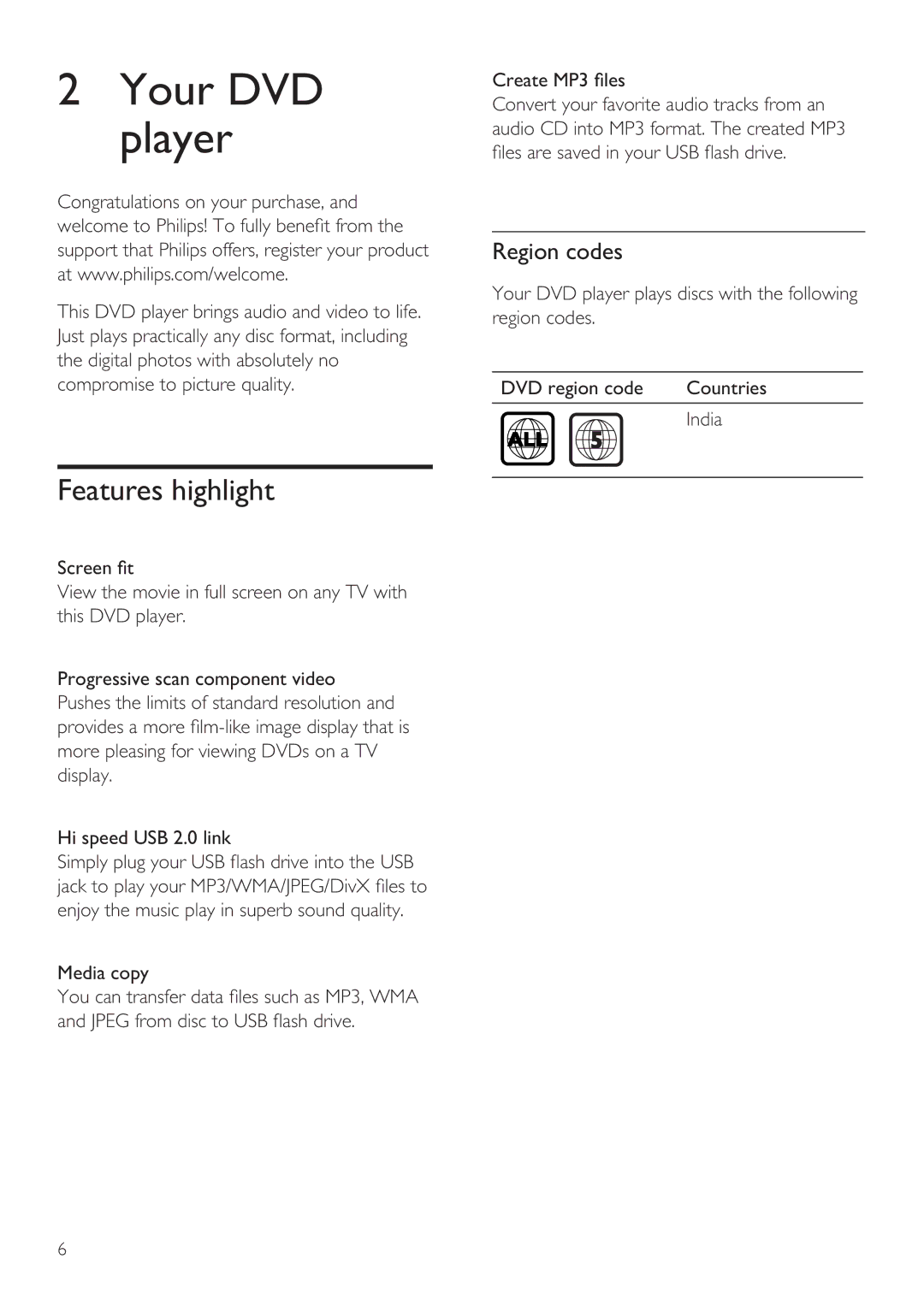 Philips DVP3356X/94 user manual Your DVD player, Features highlight, Region codes, Media copy 