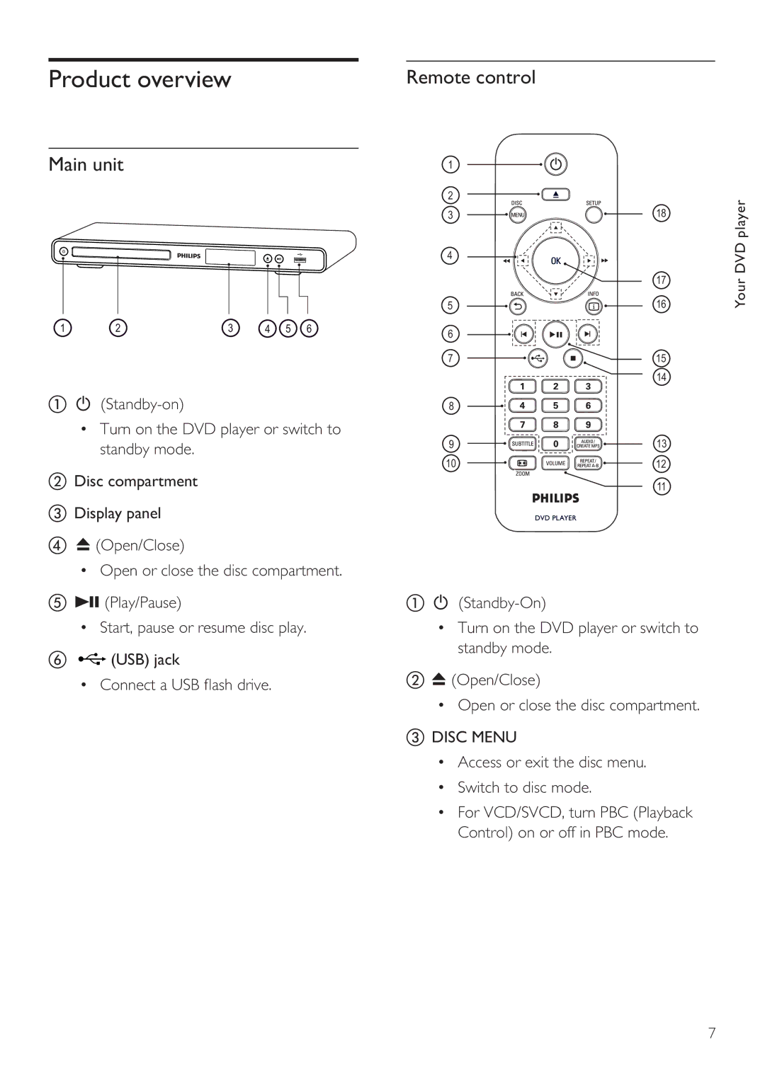 Philips DVP3356X/94 user manual Product overview, Main unit, Remote control 