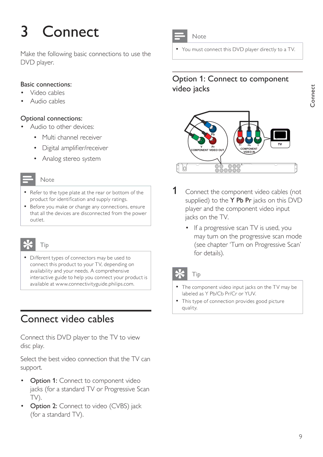 Philips DVP3356X/94 user manual Connect video cables, Option 1 Connect to component Video jacks 