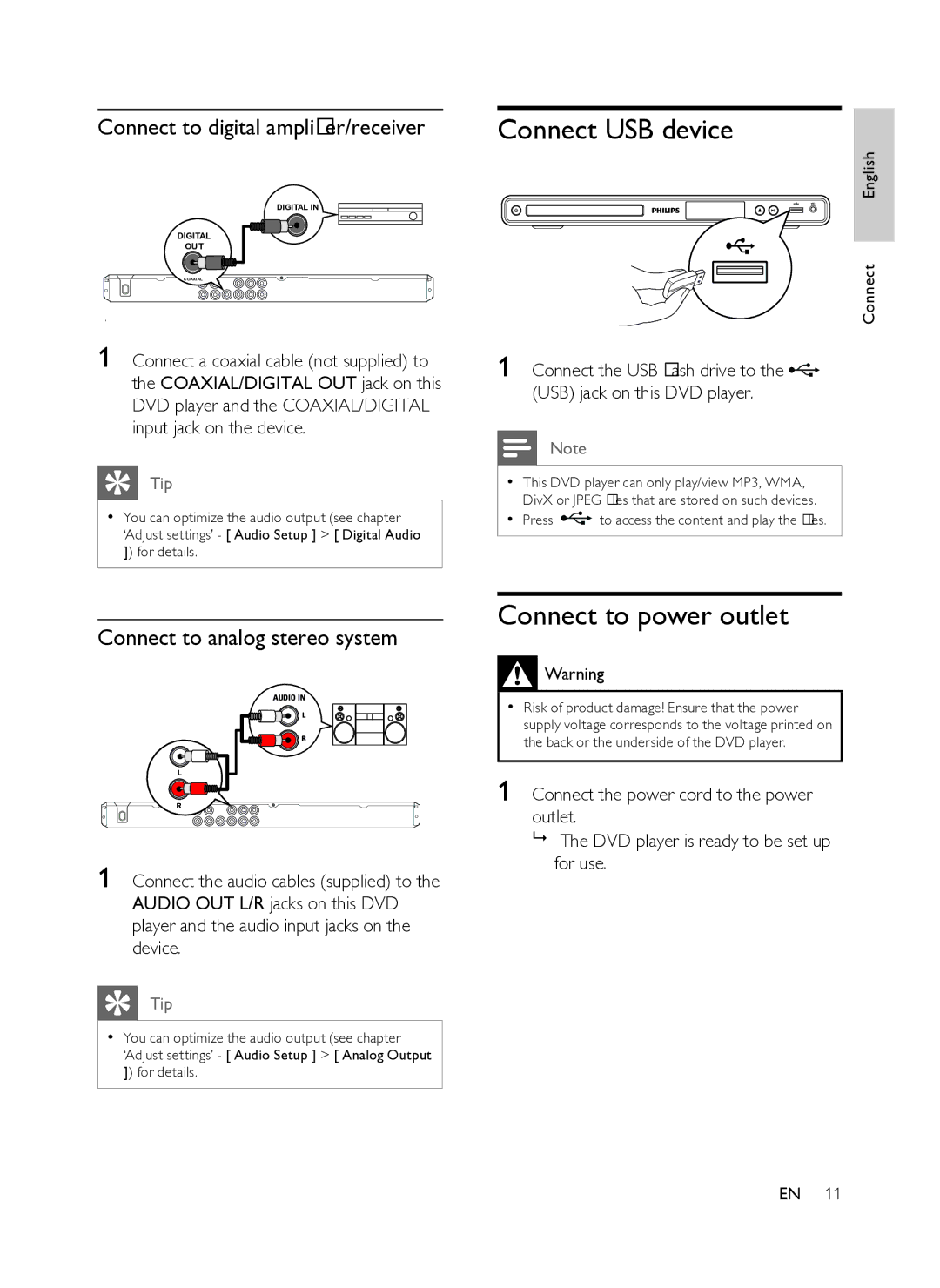 Philips DVP3358K/93 user manual Connect USB device, Connect to power outlet, Connect to digital amplier/receiver 