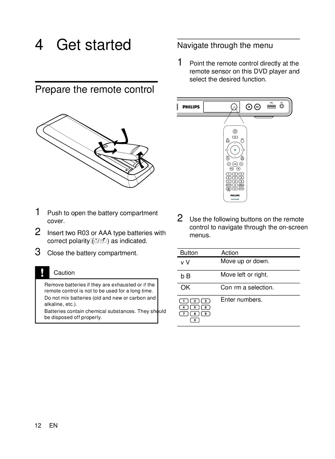 Philips DVP3358K/93 user manual Get started, Prepare the remote control, Navigate through the menu 